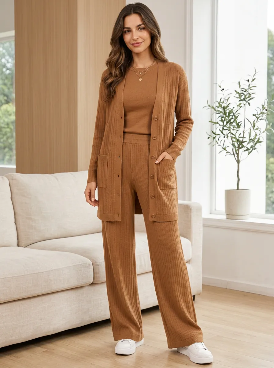Women's Cardigan, Tank and Pants Set in Brown Ribbed Knit