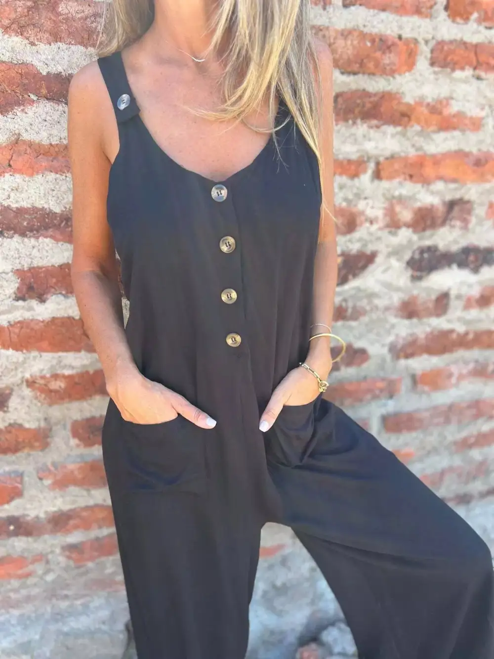 Plus Size Button Front Wide Leg Jumpsuit