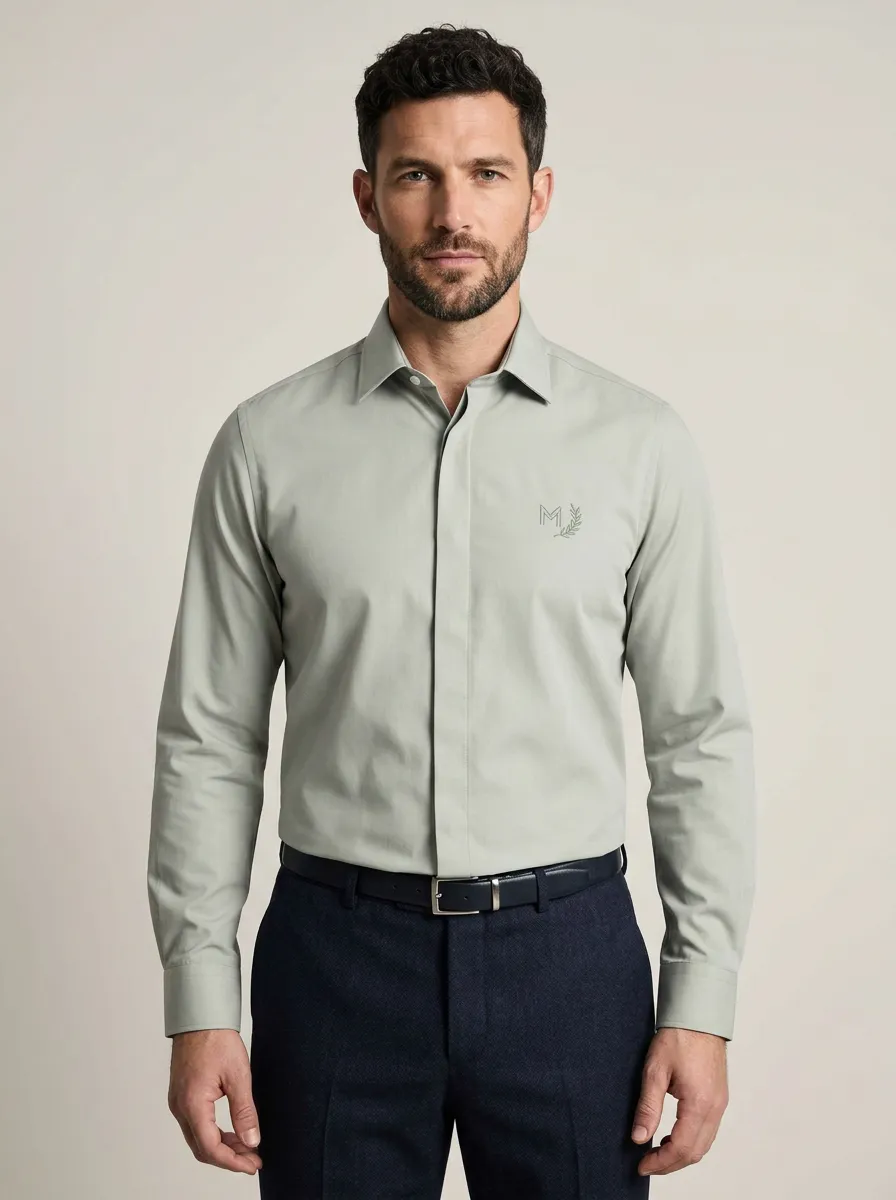 Men's Non-Iron Cotton M Laurel Wreath Embroidered Long Sleeve Shirt