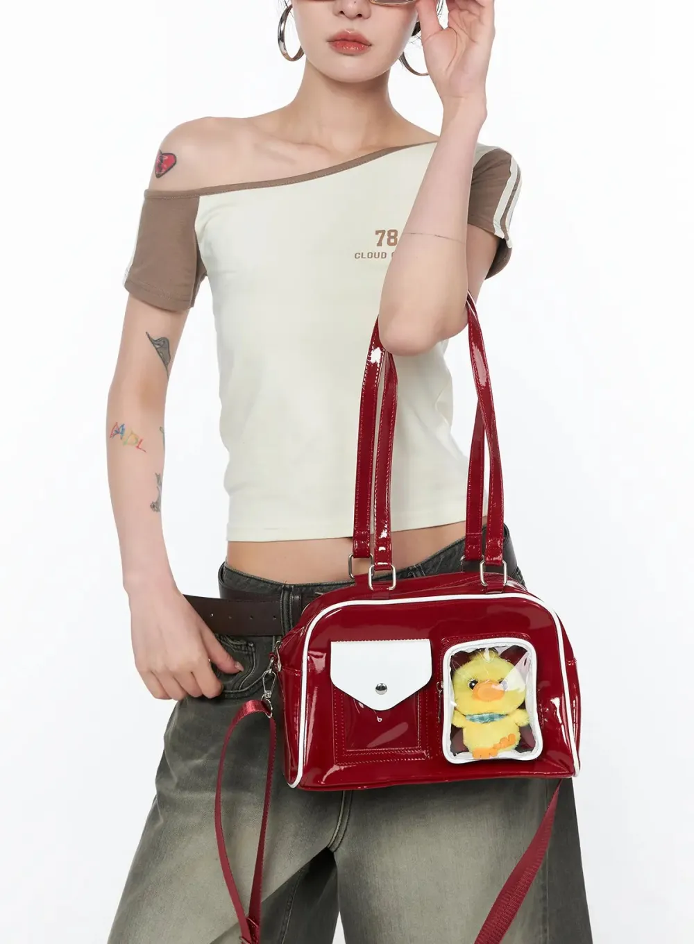 Faux Patent Leather Pocket Shoulder Bag