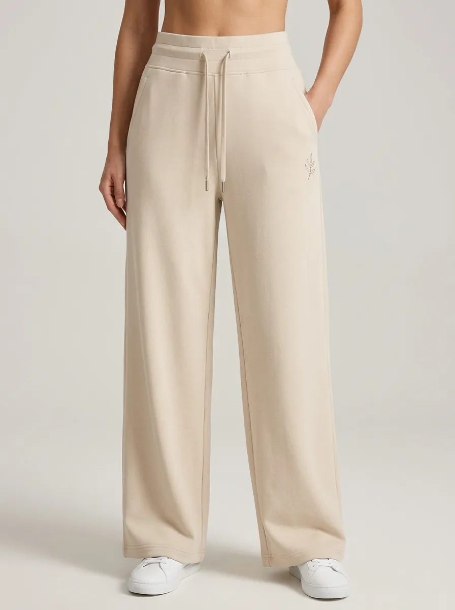 Women's Relaxed Minimalist Beige Leaf Embroidered Sweatpants