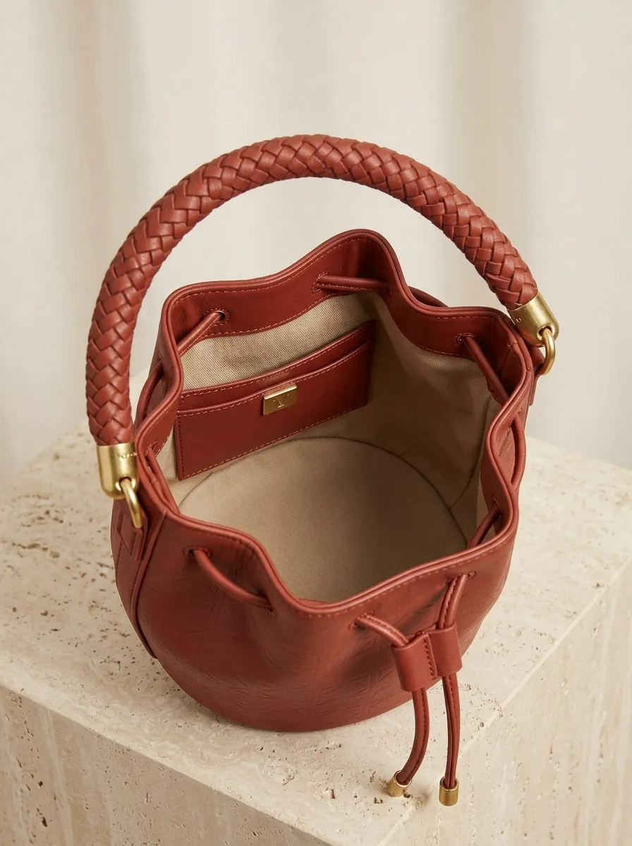 Women's Geometric-Embossed Braided-Handle Drawstring Single-Handle Bucket Bag