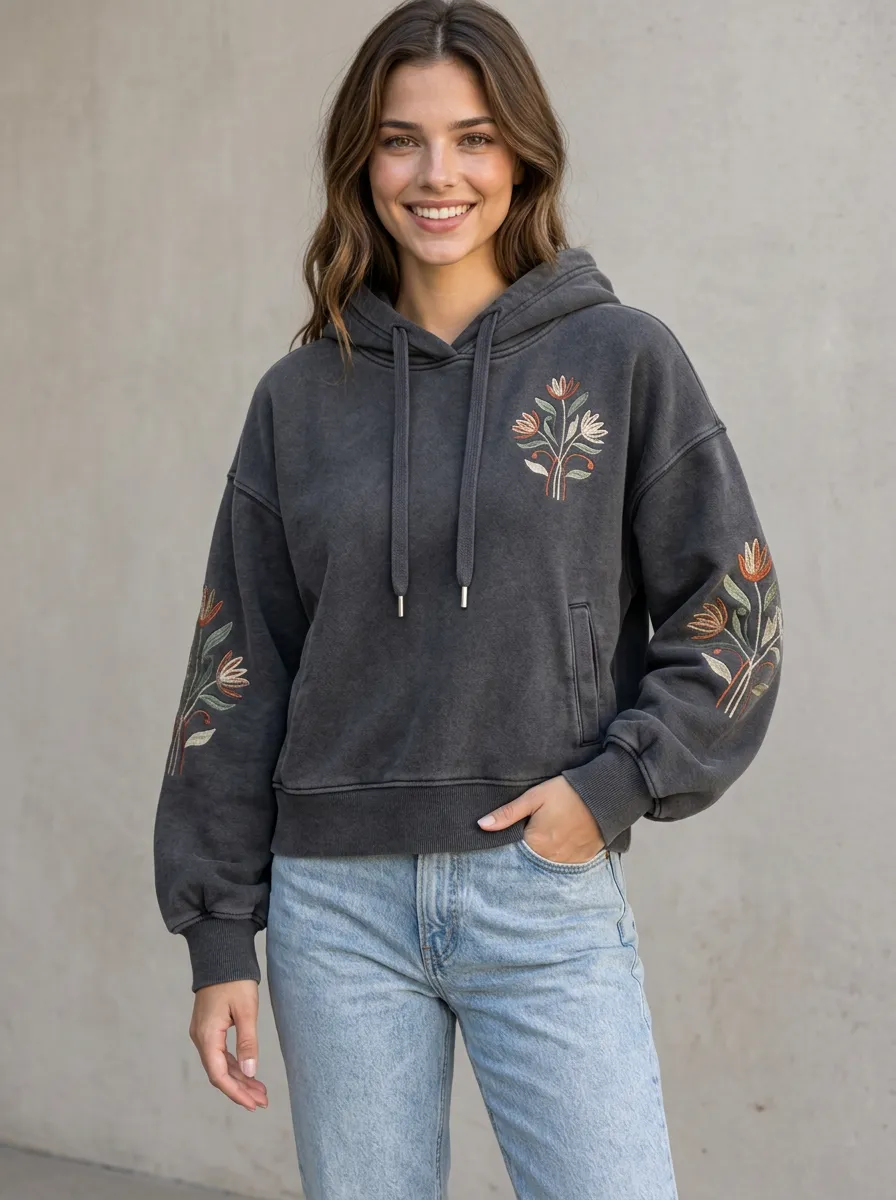 Nature Detail Women's Botanical Floral Embroidered Graphic Hoodie