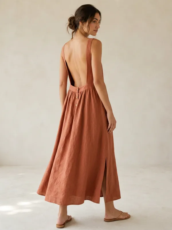Women's Casual Linen-Blend Backless Dress
