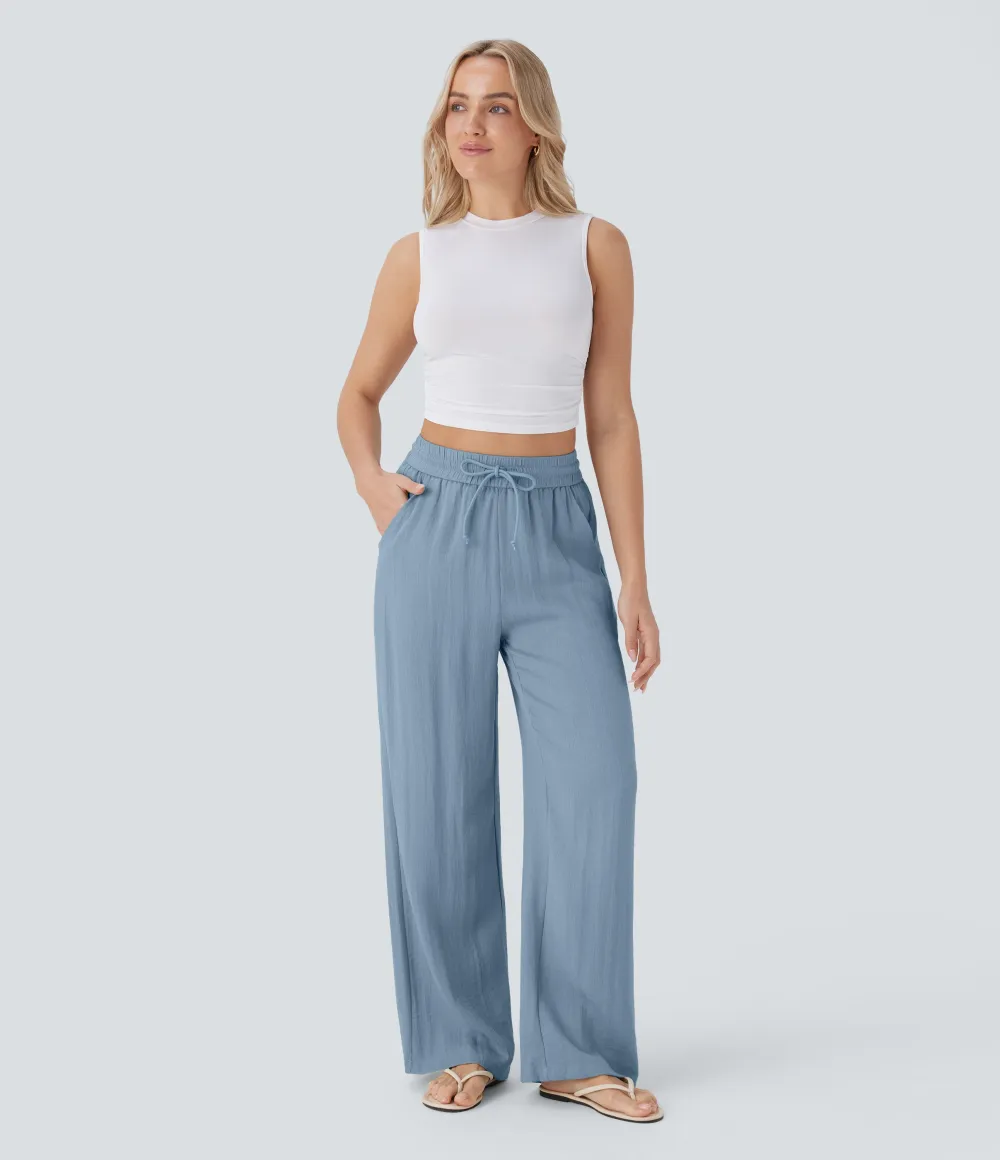 2026🔥  High Waisted Drawstring Pocket Wide Leg Casual Linen-Feel Pants