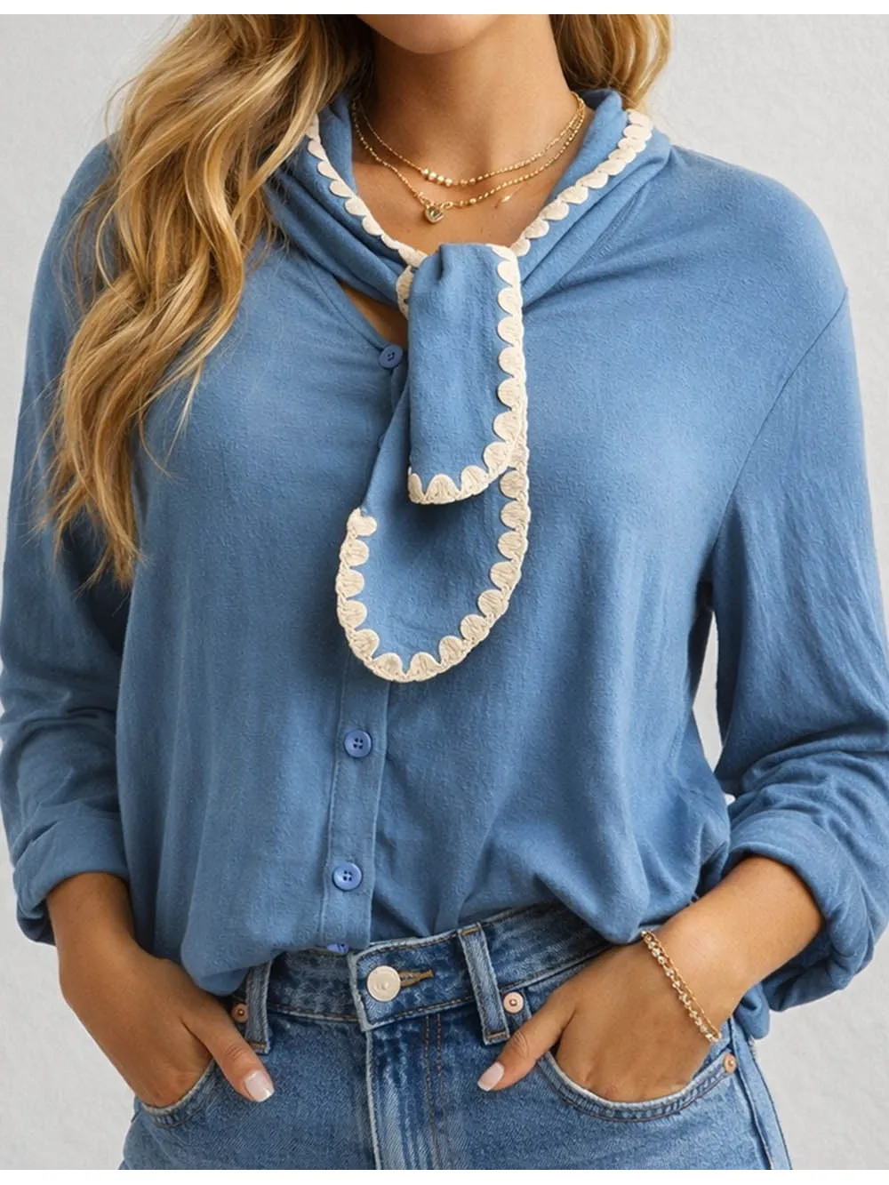 Color Block Neck Button Front Long Sleeves Top