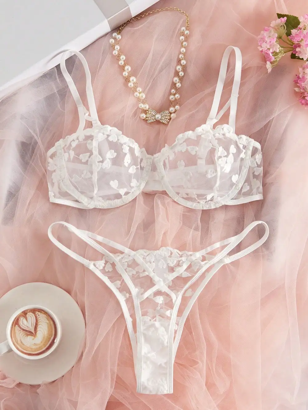Heart Embroidered Sheer Bralette And Thong Set