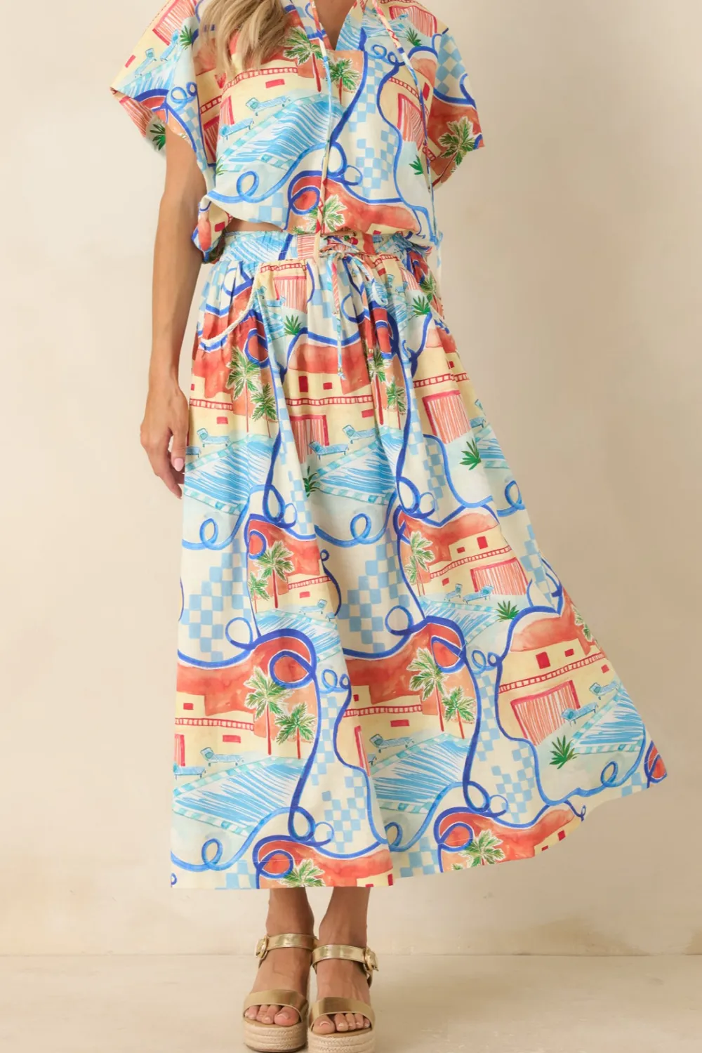 Multicolor Poolside Print Midi Skirt