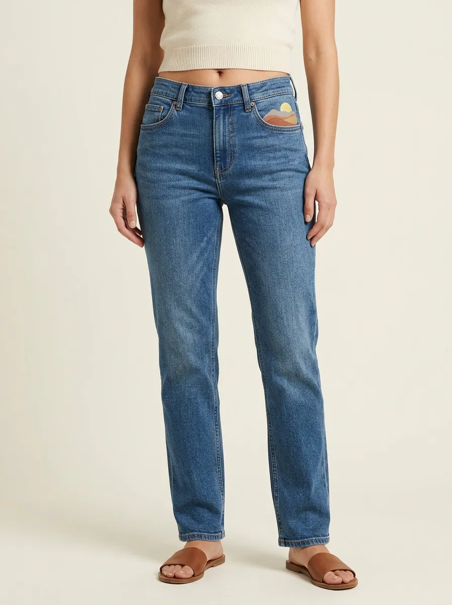 Women's Sunset Mountain Graphic Coin-Pocket High-Rise Straight-Leg Jeans