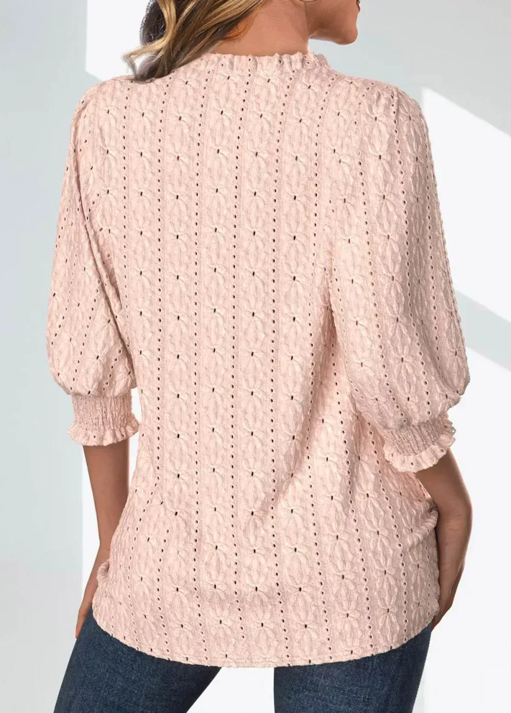 Light Pink Textured Fabric 3/4 Sleeve Split Neck Blouse