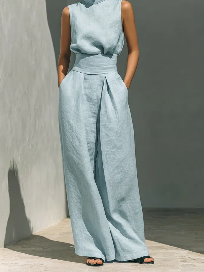 Classic Wide-Leg Sleeveless Linen Women's Matching Set