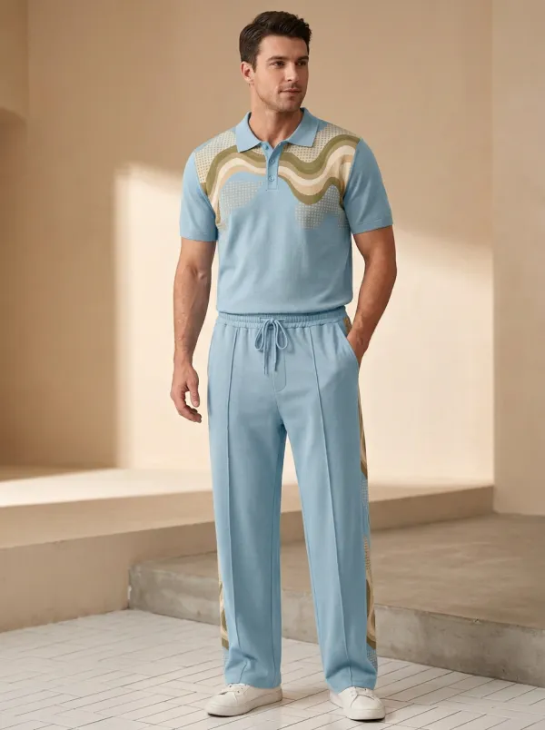 Men's Retro Wave Pattern Printed Casual Polo Set Everyday Design