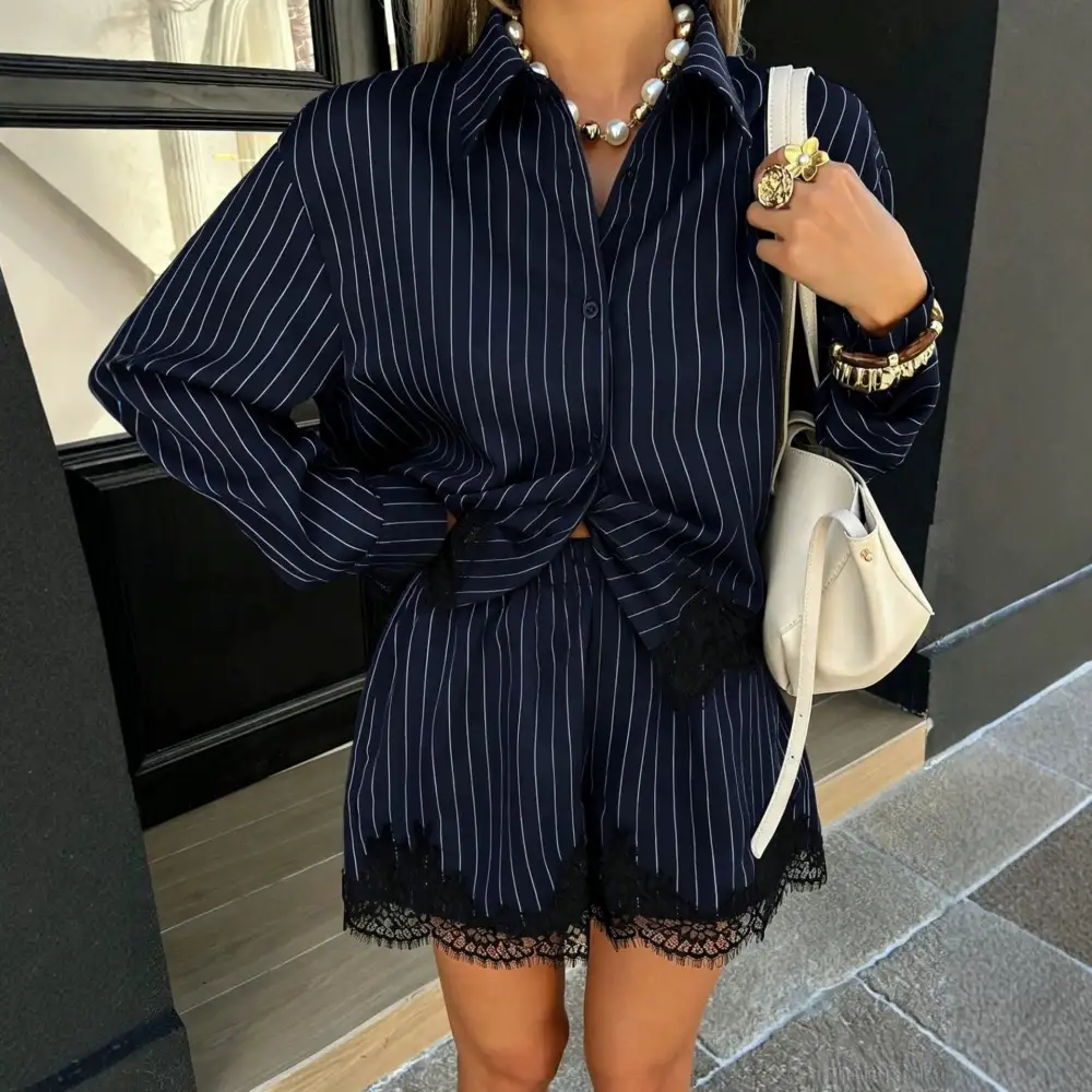 Drawstring Long-Sleeve Buttoned Women's Matching Set