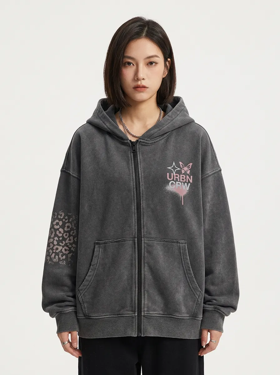 Women's Streetwear URBN CRW Butterfly Leopard Printed Zip-up Hoodie