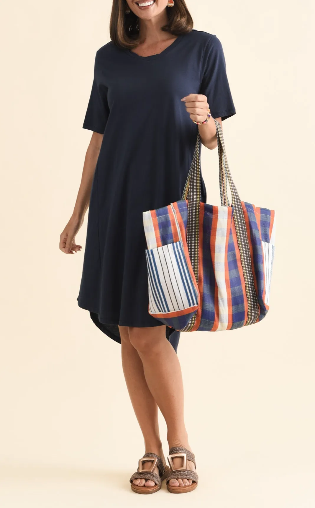 Above-Knee Cotton Pocket Round-Neck Short-Sleeve Draped High-Low-Hem T-Shirt Dress