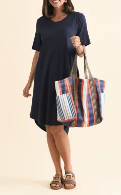 Above-Knee Cotton Pocket Round-Neck Short-Sleeve Draped High-Low-Hem T-Shirt Dress