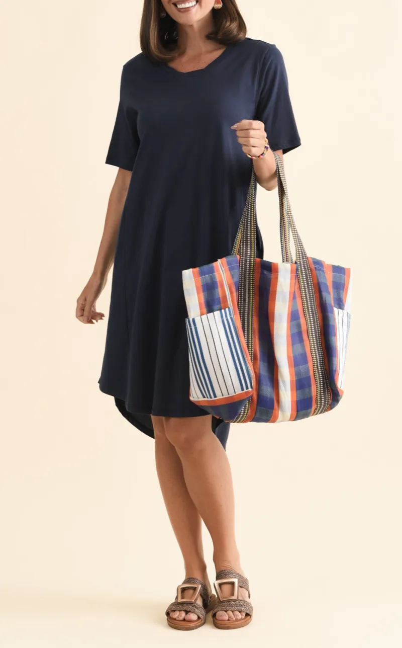 Above-Knee Cotton Pocket Round-Neck Short-Sleeve Draped High-Low-Hem T-Shirt Dress