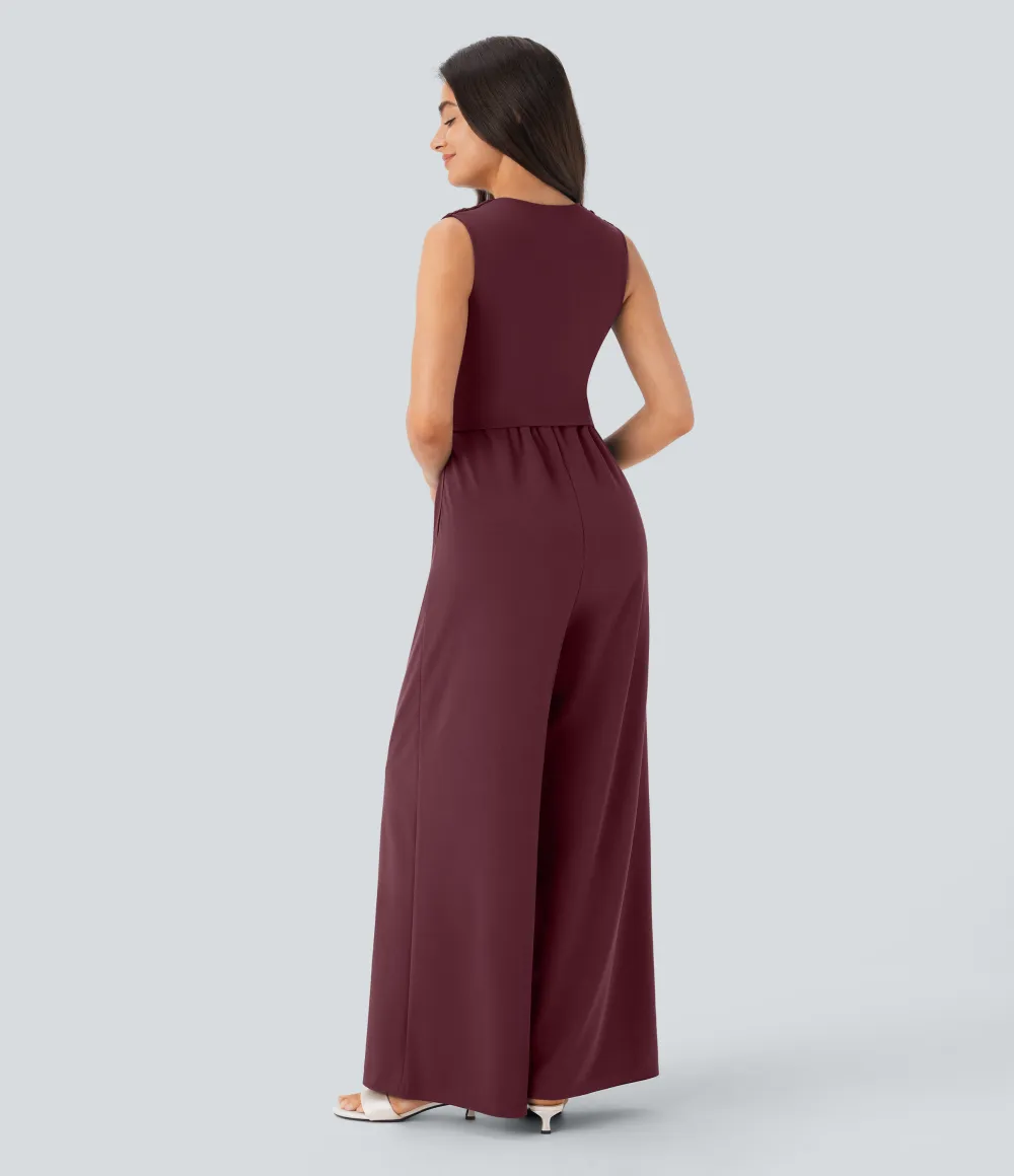 SculptKnit V Neck Sleeveless Ruched Pocket Jumpsuit-Easy Peezy