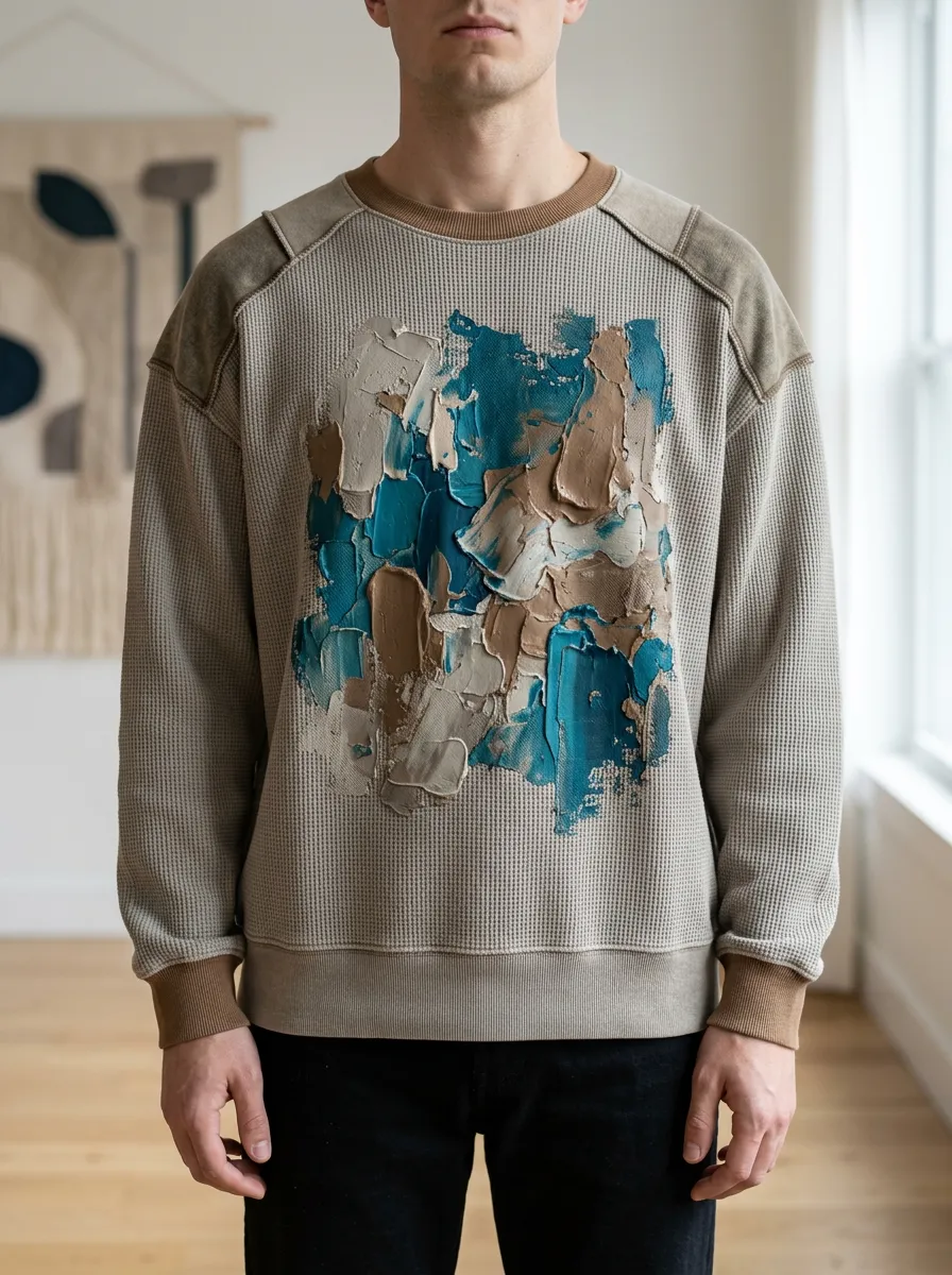 Men's Taupe Graphic Printed Waffle Crewneck Sweatshirt