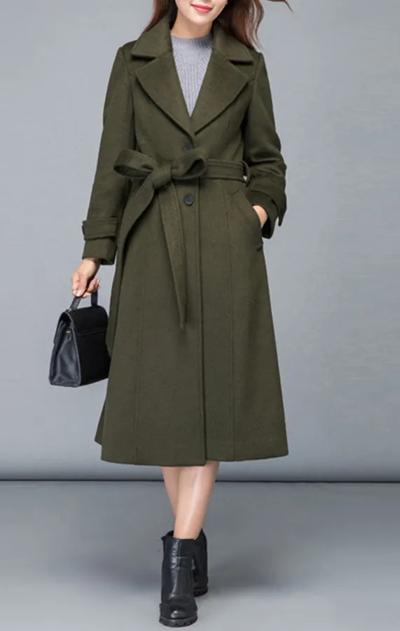 Wool Blend Fit and Flare Single Breasted Belted Pocketed Midi Coat