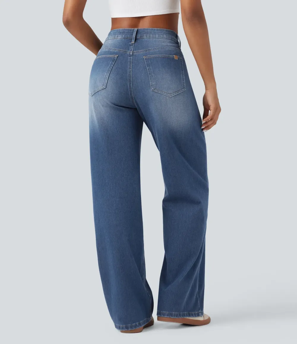 2026🔥  High-Waisted Asymmetrical Baggy Jeans — Washed Effect with Pockets