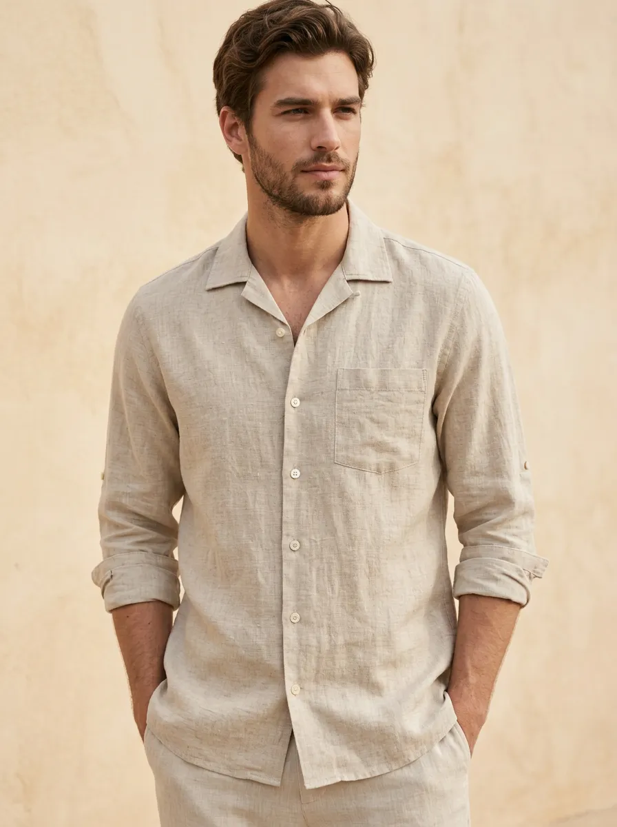 Men's Minimalist Beige Linen Blend Camp Collar Shirt