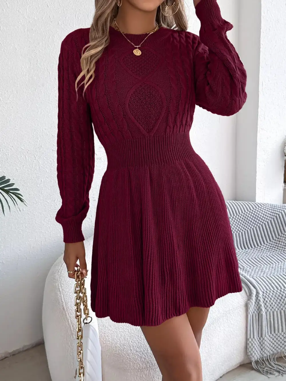 Gathered Detail Knit Long Sleeve Sweater Dress