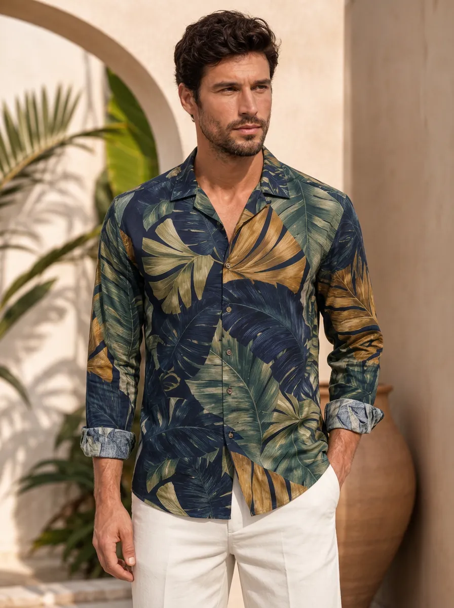 Men's All Over Oversized Tropical Leaf Print Camp Collar Shirt
