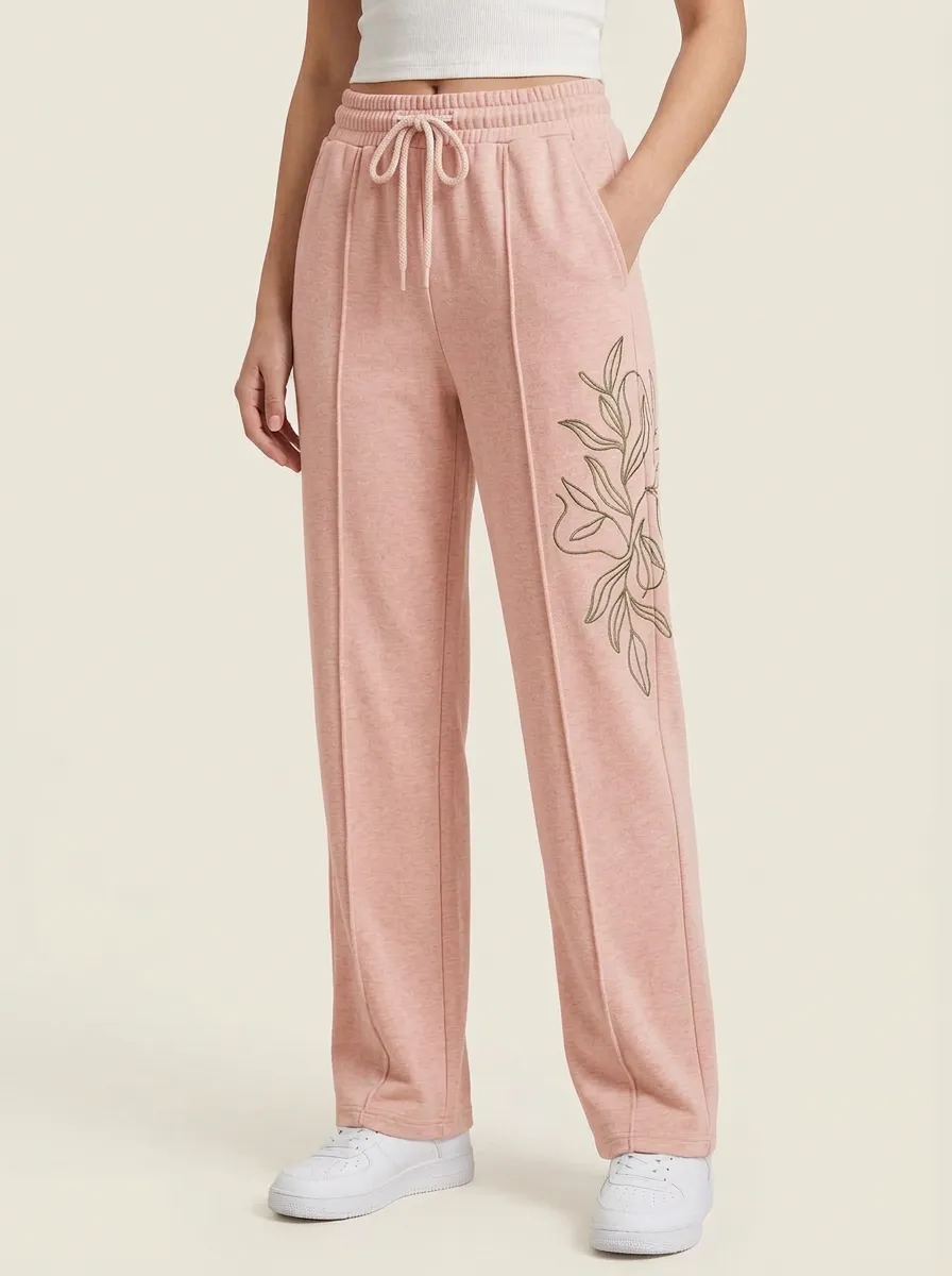Women's Beige Embroidered Straight-Leg Sweatpants