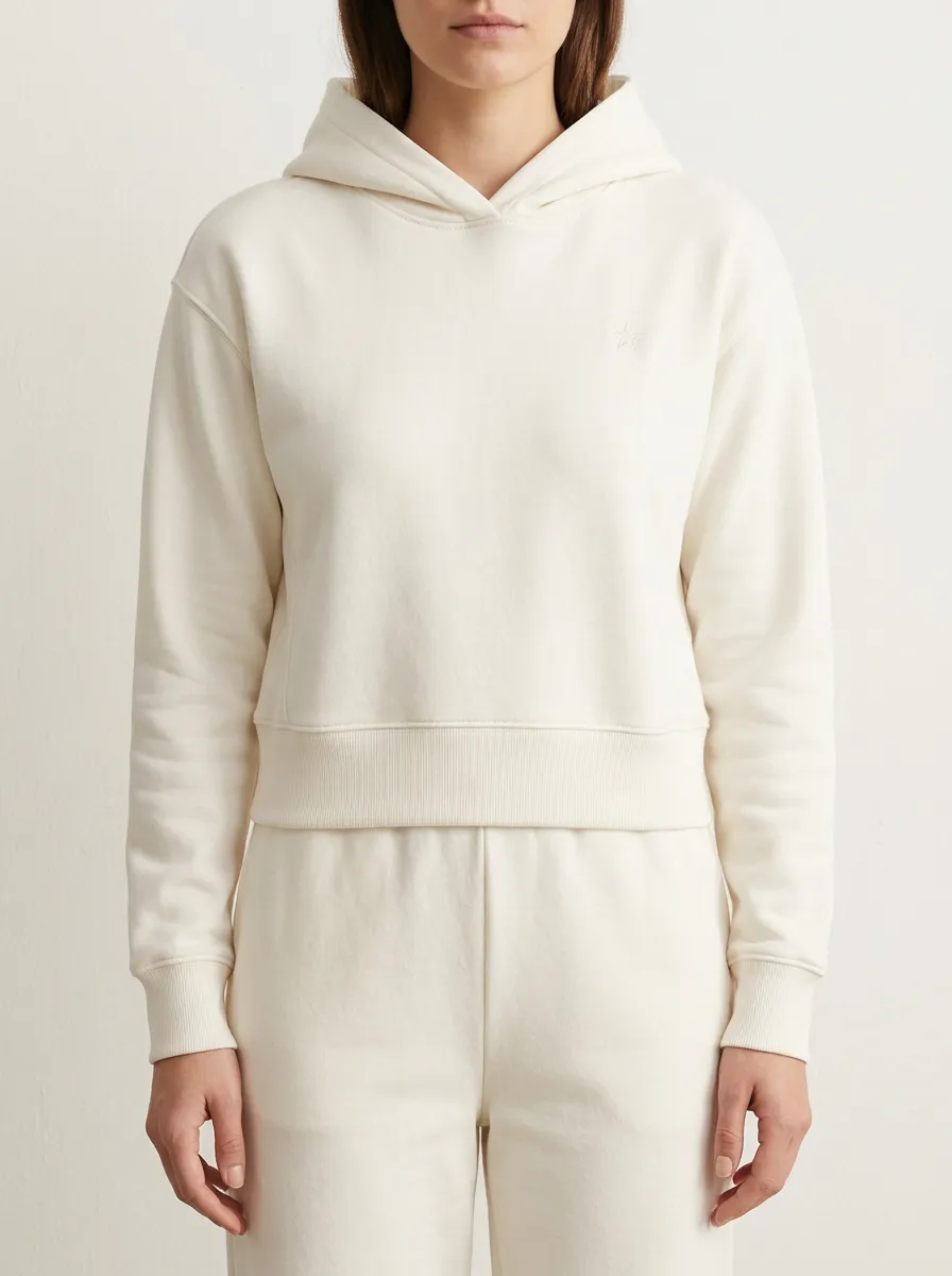 Women's Minimalist Star Embroidered Off-White Cropped Hoodie