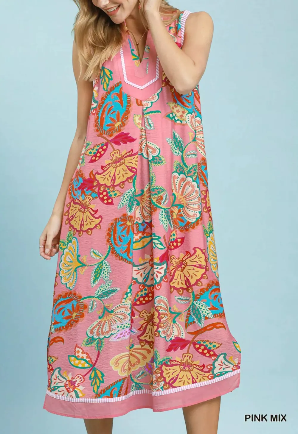 Paisley Print Sleeveless Side Slit Midi Dress