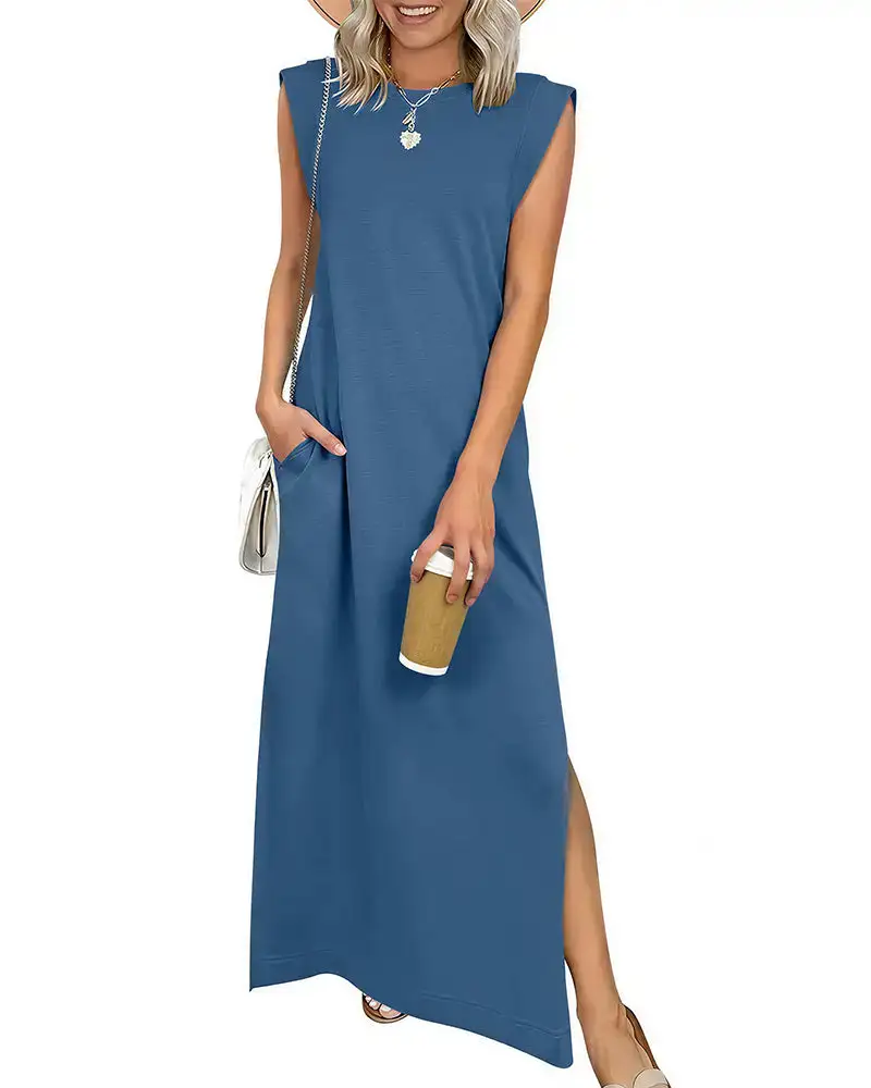 Casual Sleeveless Split Maxi Dress With Pockets