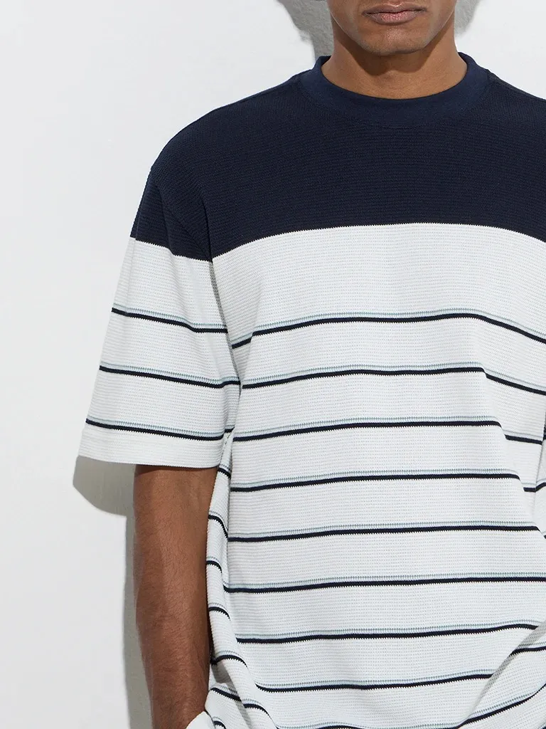 Striped Loose  White Cotton-Blend T-Shirt