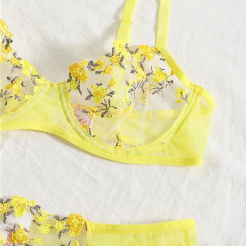 Floral Mesh Thong Lingerie Set