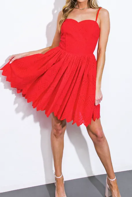 Red Eyelet Scallop Hem Mini Dress