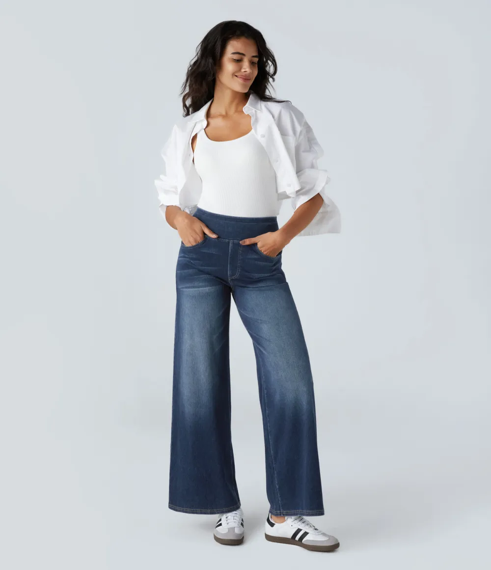 Magic High Waisted Multiple Pockets Wide Leg Washed Stretchy Knit Casual Jeans