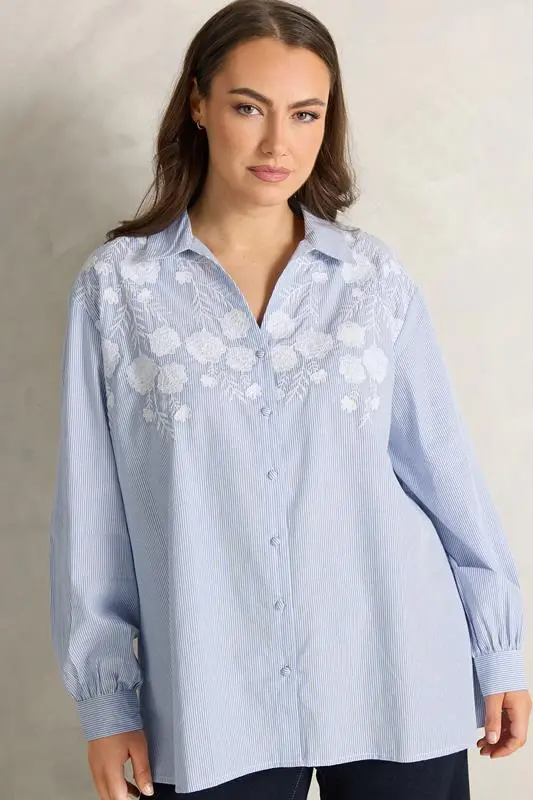 Blue Floral Embroidered Stripe Shirt