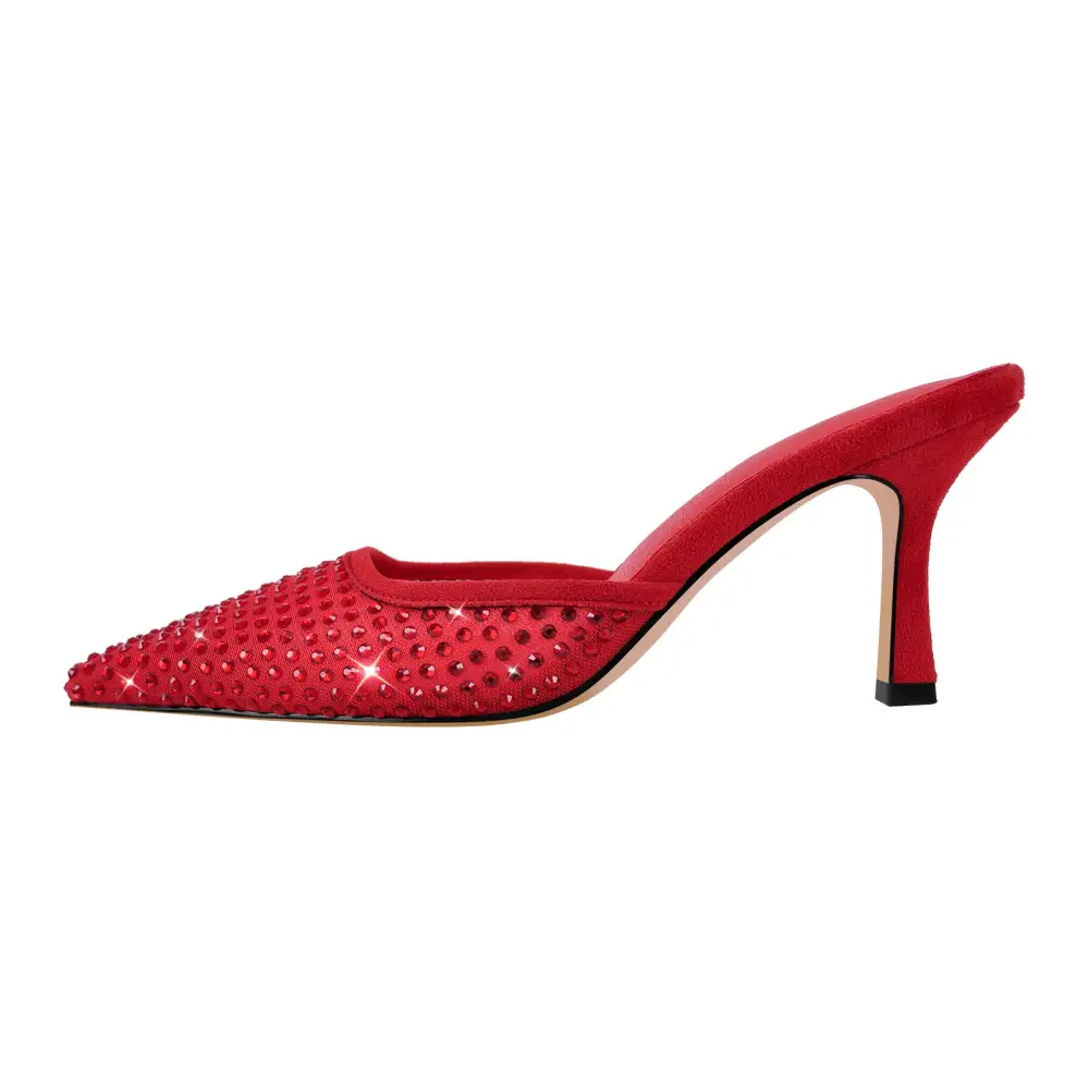 Rhinestone Pointed Toe Stiletto Slip On Heeled Mules