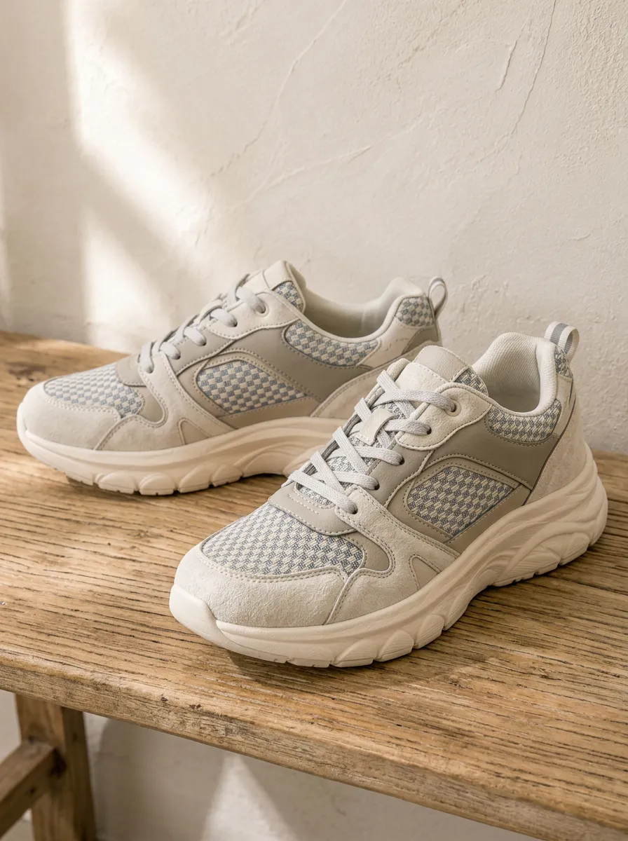Women's Casual Beige Checkered Pattern Printed Sneakers