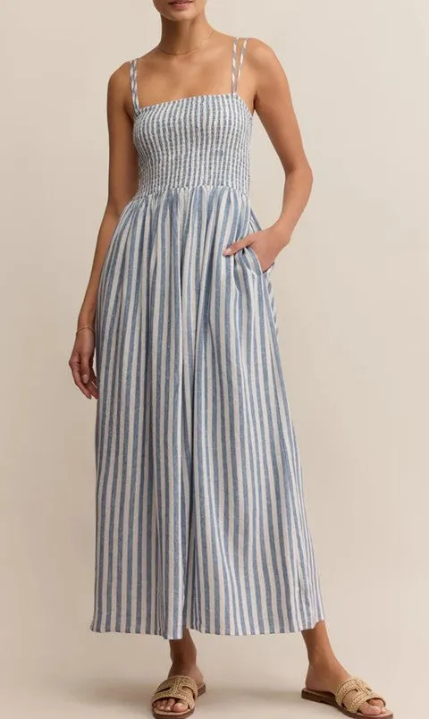 Women's Blue White Striped Smocked Midi Dress