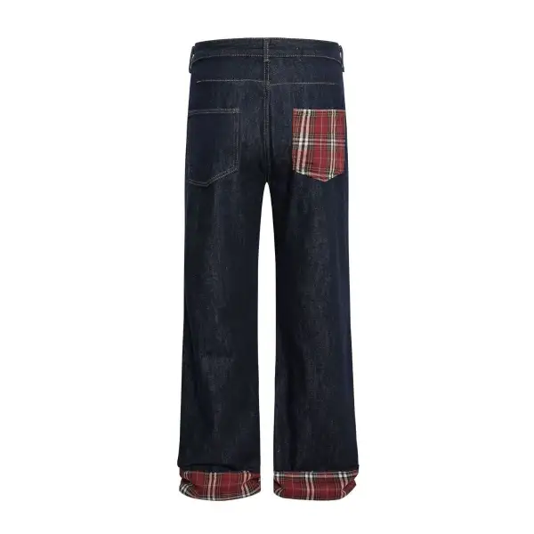 Flare Raw Denim Plaid Denim Jeans