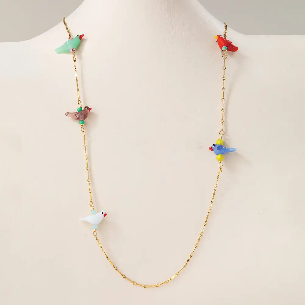 Gemstone Bird Long Strand Necklace