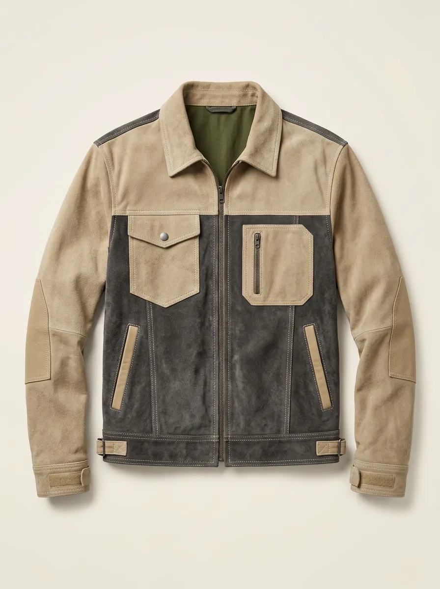 Men's Casual Outdoor Two-Tone Suede Patchwork Zip-Up Jacket