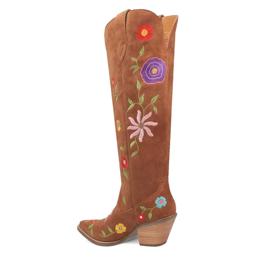 Faux-Suede Embroidered Floral Snip-Toe Over-the-Knee Boots