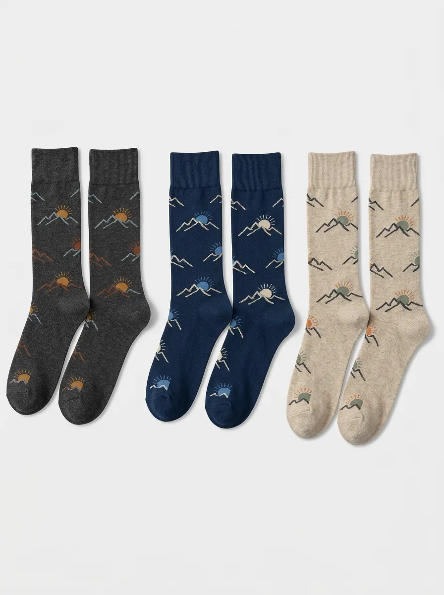 Men's 3-Pair Repeating Mountain Sunrise Crew Sock Set