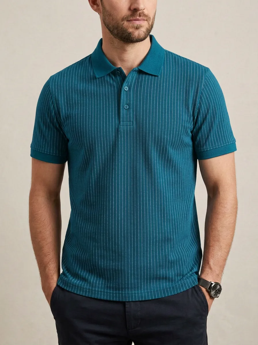 Men's Navy Blue Vertical Pinstripe Printed Polo Shirt