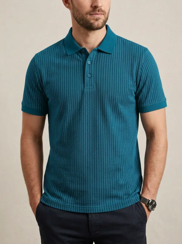 Men's Navy Blue Vertical Pinstripe Printed Polo Shirt
