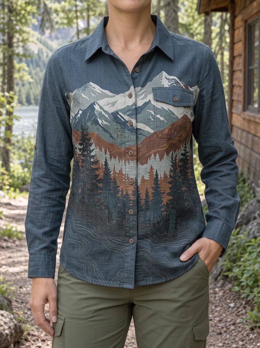 Women's Outdoor Hiking Mountain Forest Landscape Printed Shirt