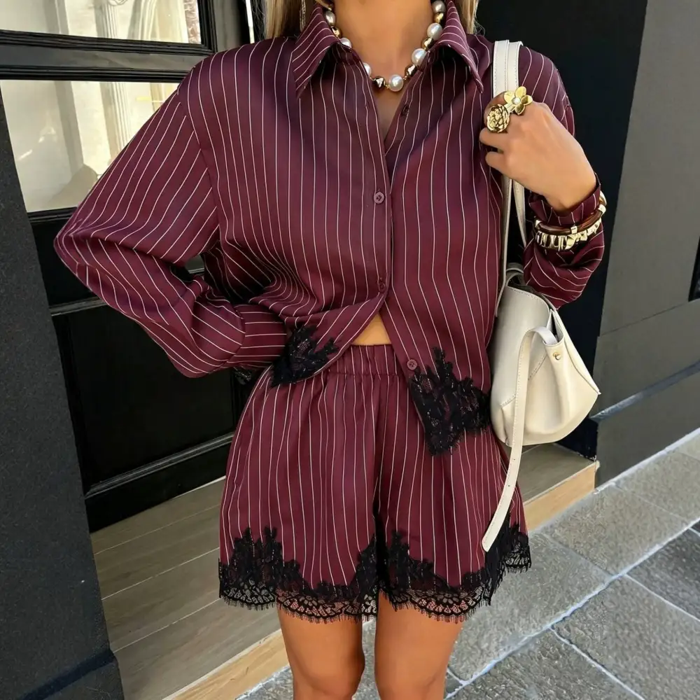 Drawstring Long-Sleeve Buttoned Women's Matching Set