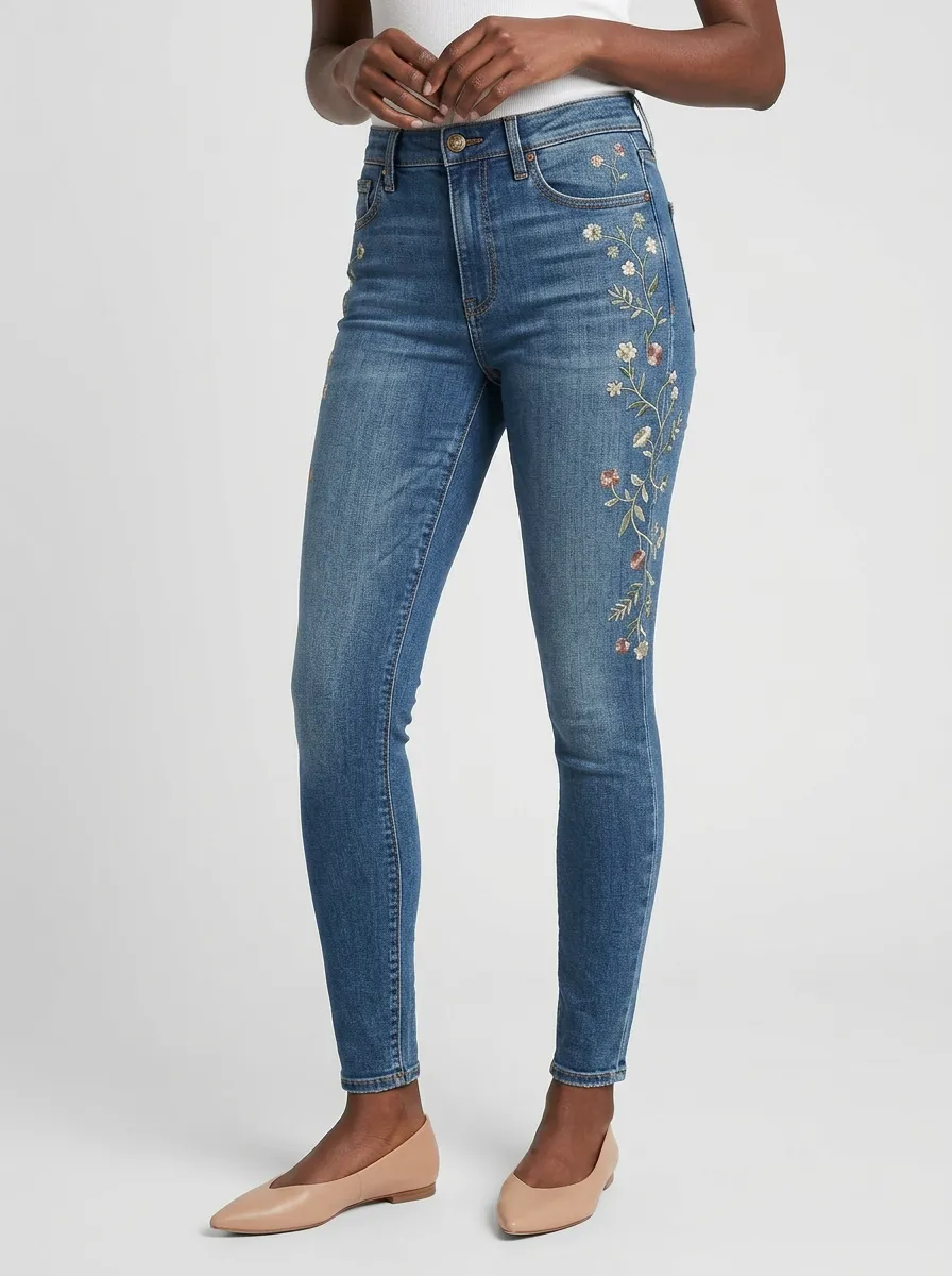 Women's Floral Vintage Flower Embroidered Slim Jeans